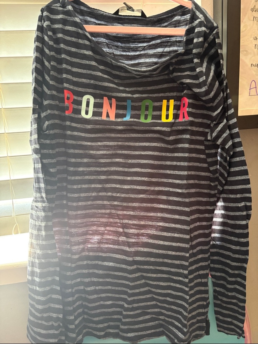 Banana Republic Black and Gray Striped Long Sleeve Top with Multicolor 'BONJOUR'